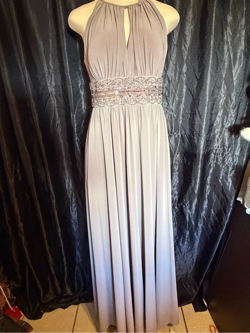Beaded Waist Halter Maxi Dress in Taupe